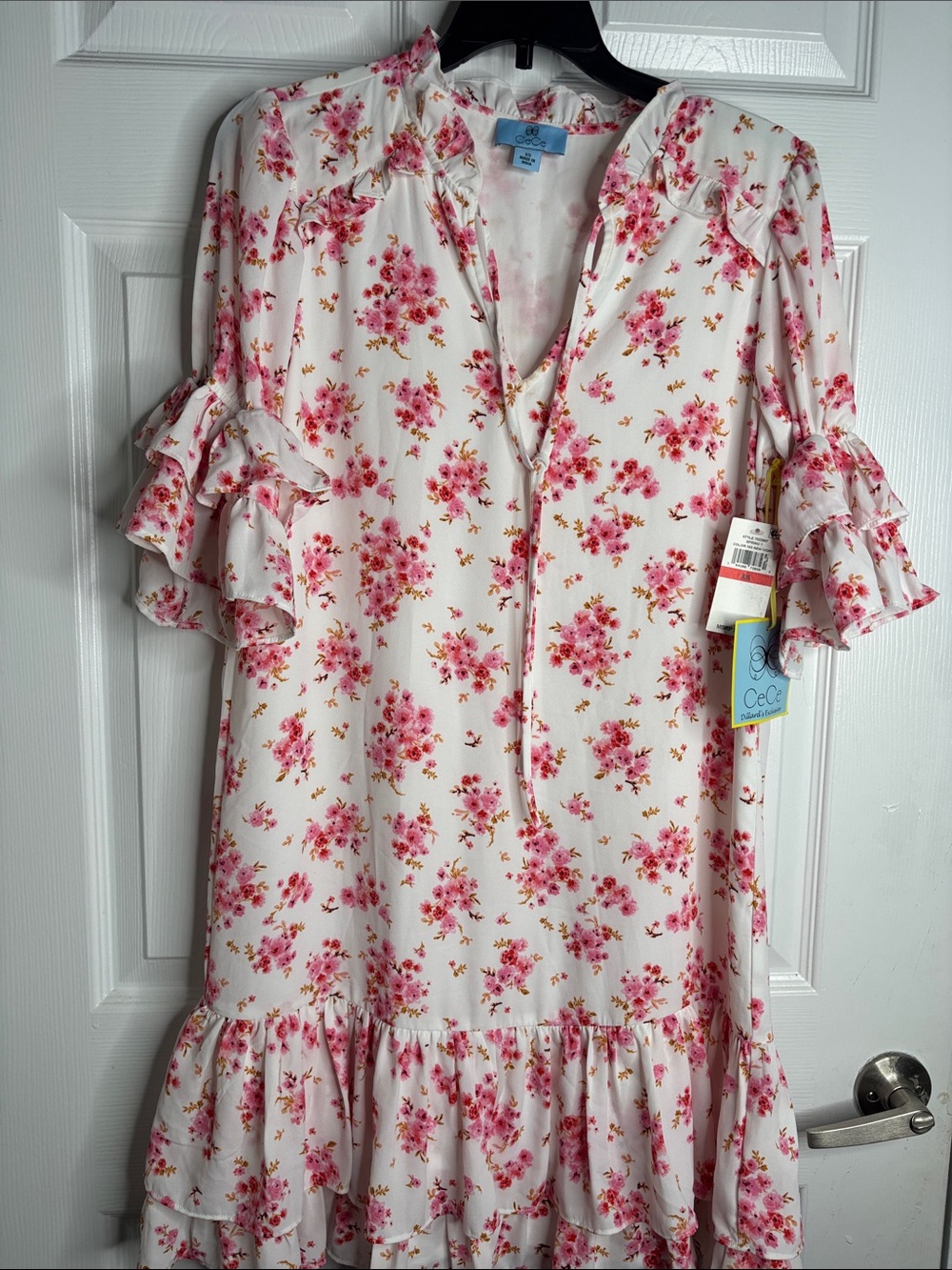 CeCe White Dress with Pink Floral Ruffles and Tie Neck